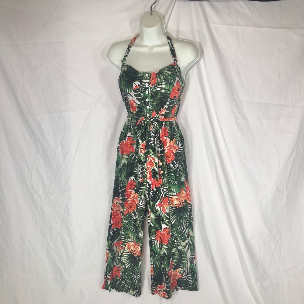 Tropical Halter Jumpsuit in Green & Coral Size Small XS